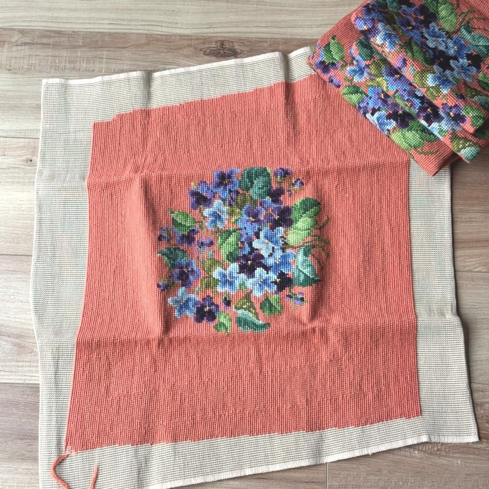 Vintage needlepoint tapestry floral decor- Coral with Pansies Violets- ONE panel